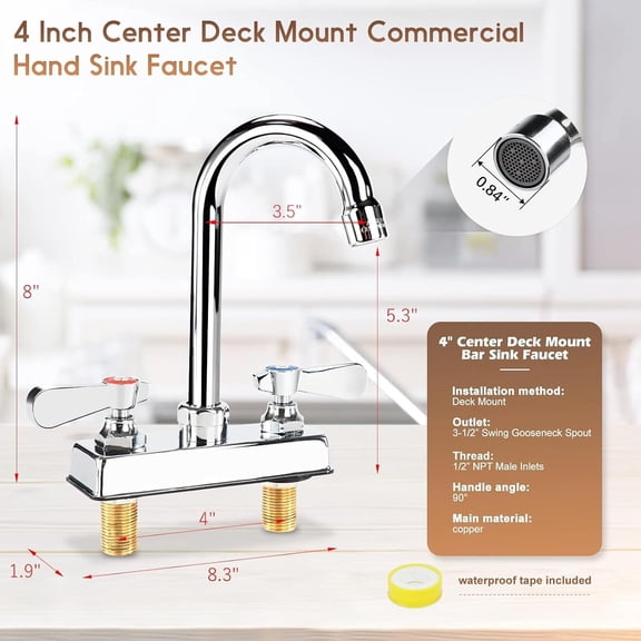 Commercial Bar Sink Faucet 4 Inch Center Deck Mount, 3-1/2" Gooseneck Swivel Spout Hand Sink Faucet, 2 Hole Brass Constructed & Chrome Polished with Dual Lever Handles