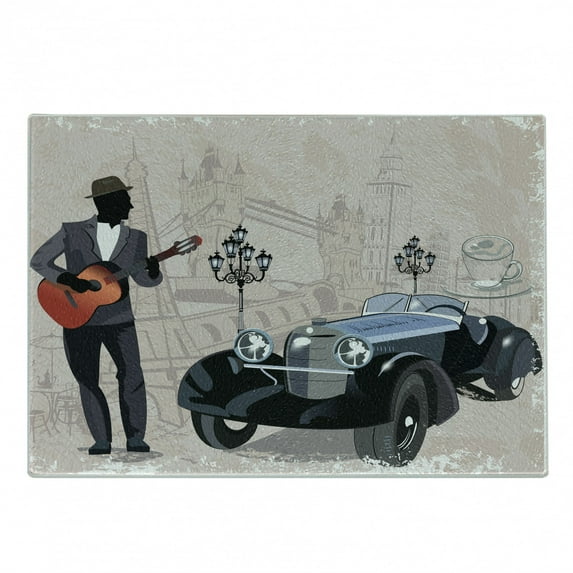 Urban Cutting Board, London and Paris Streets with Musicians Retro Cars Cafes Old Town View Print, Decorative Tempered Glass Cutting and Serving Board, Small Size, Warm Taupe Black, by Ambesonne