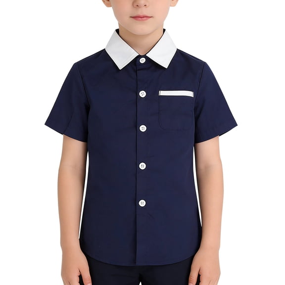 XIMIN Boys Short Sleeve Button Down Shirt - Classic Collared Kids Top Dress Shirt with Contrast Trim Chest Pocket School Uniform (Navy, 5-6 Years)
