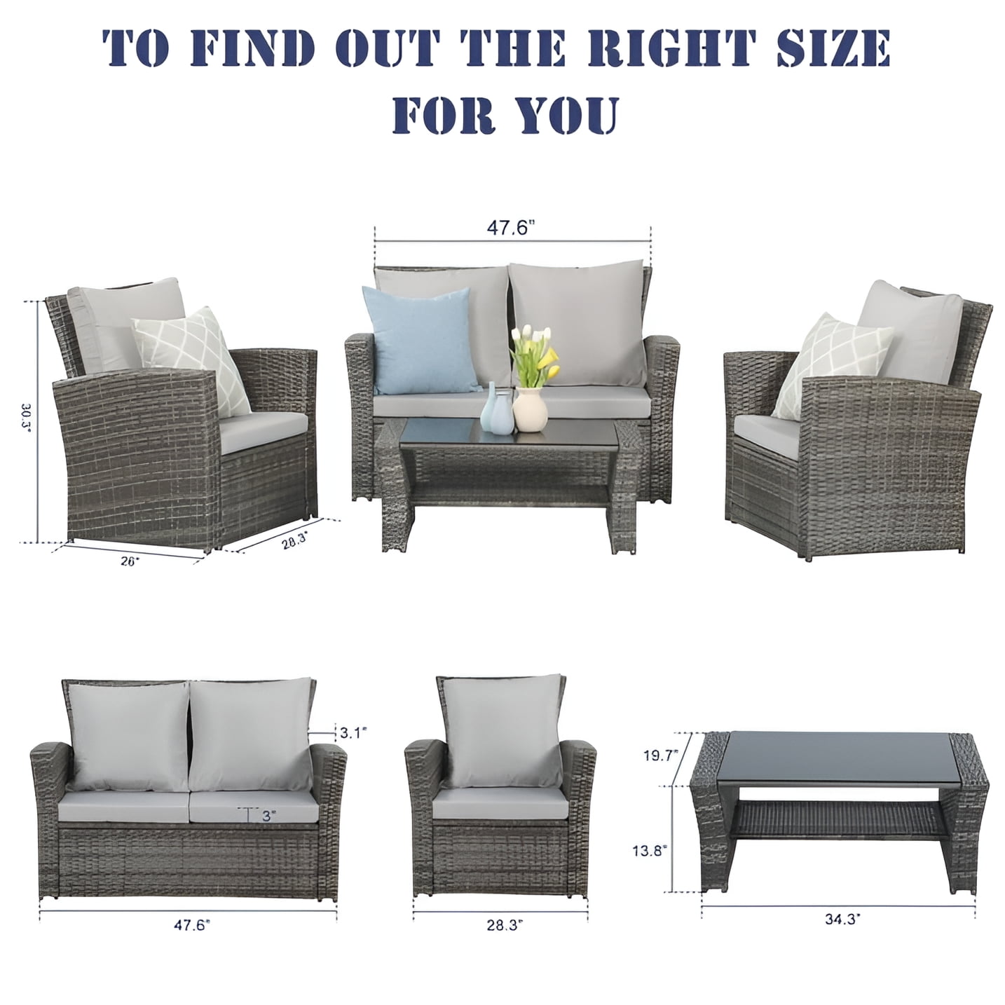 Heynemo 4 Pcs Outdoor Patio Furniture Set, Wicker Sectional Sofa Set with Coffee Table,Gray