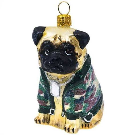 Fawn Pug with Camouflage Jacket and Dog Tags Polish Glass Ornament