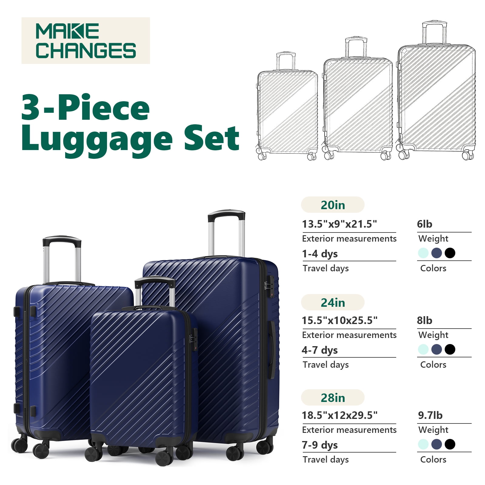 3-Piece Luggage Set - Carry-On & Large& Medium Checked Luggage with Dual Spinner Wheels - Durable Polypropylene Hardshell - TSA Lock, Airline-Approved - Expandable Hard Shell(Blue)