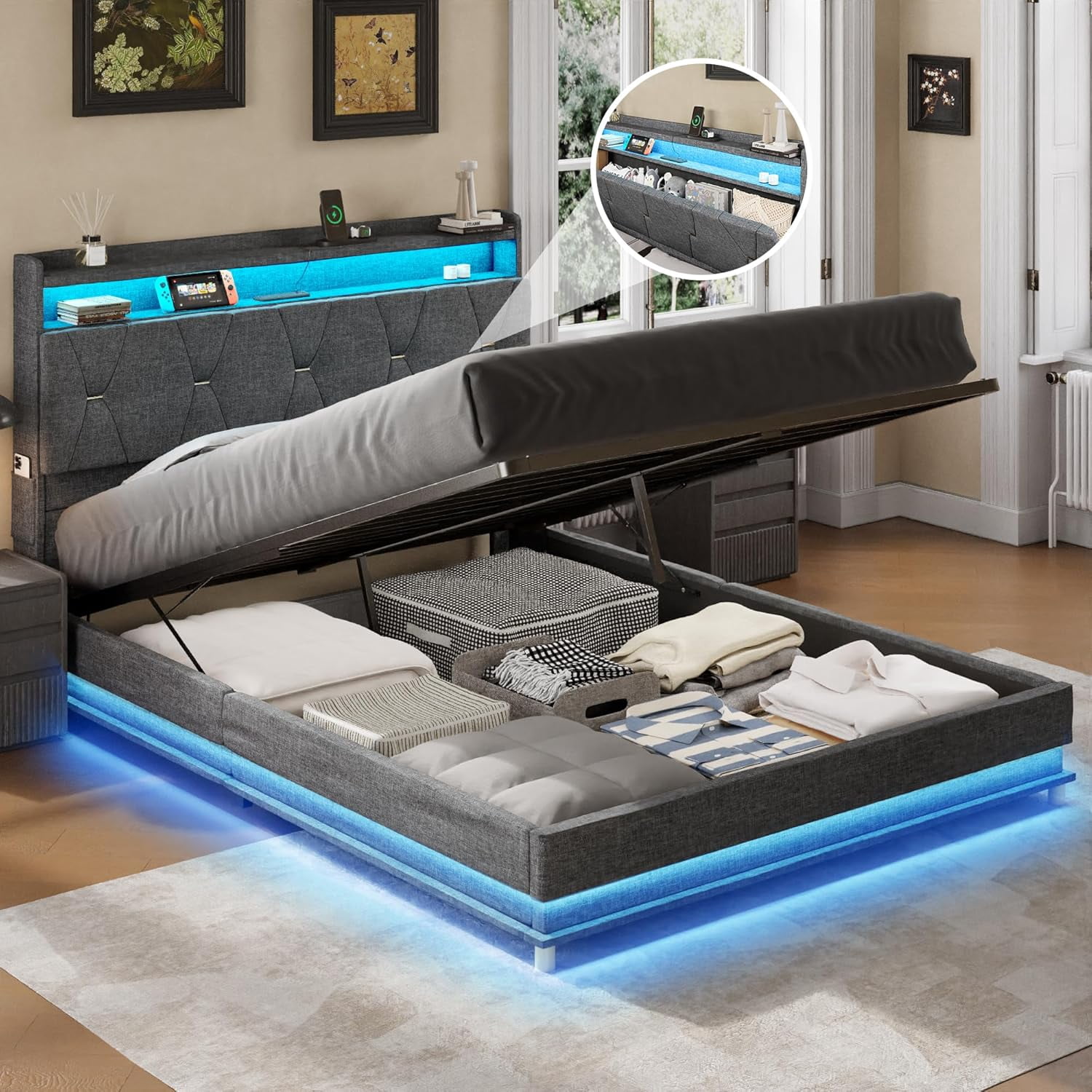 VEANERWOOD Queen Size Lift Up Bed Frame with Storage Headboard, Upholstered Platform Bed with Charging Station, LED Lights, No Box Spring Needed