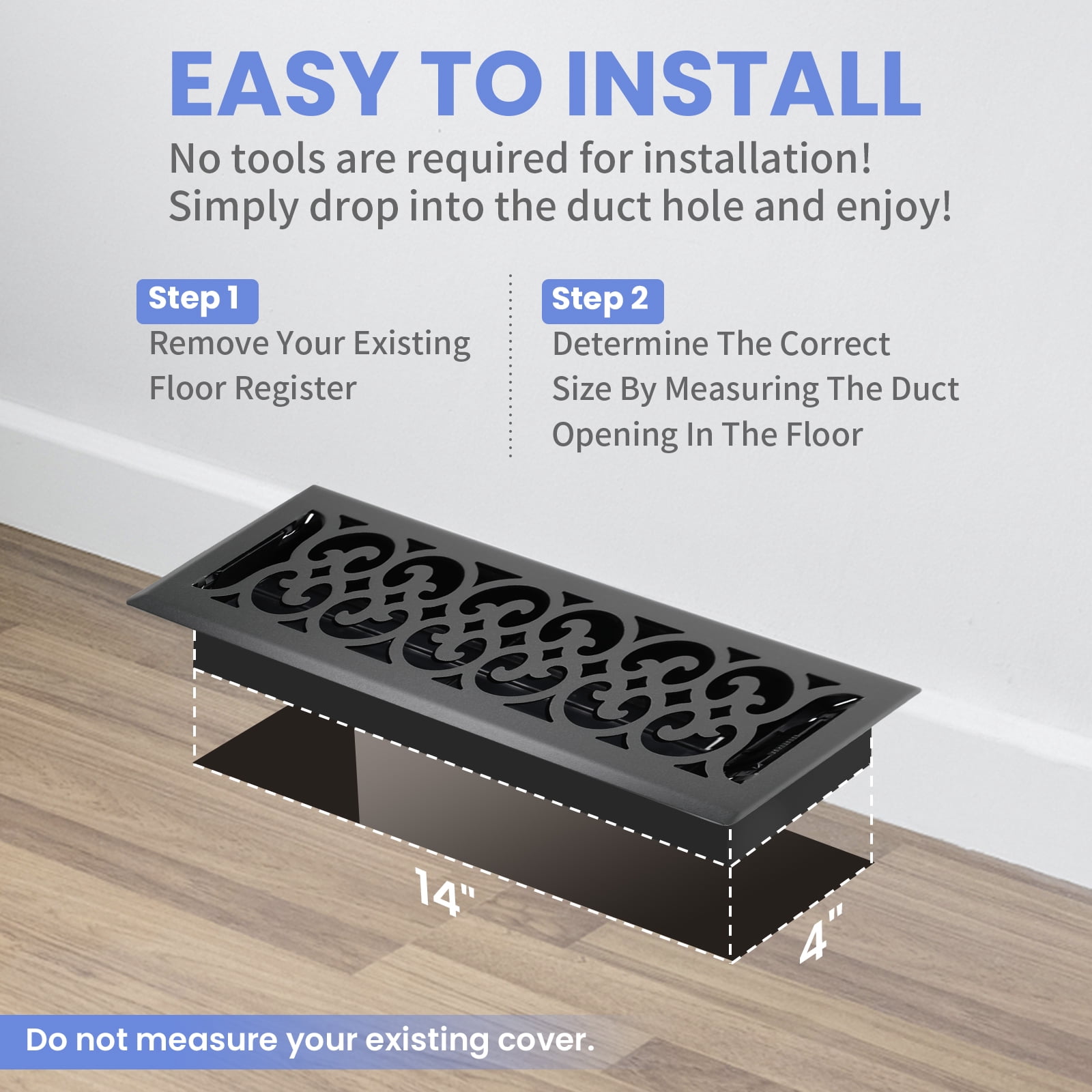 4x14 Inches B Pack Heavy Duty Walkable Floor Register Easy Adjust Air Supply Lever Floor Vents - Charlotte Design - Vent Cover for Home Floor - Matte Black