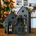 thumbnail image 5 of Main Street Town House Candle Lanterns, Set of 3, Vintage Style, Heart Details, Rustic Black, Metal, Corrugated Gabled Roof-tops, 13.75, 9.5, and 5 Inches Tall, 5 of 7