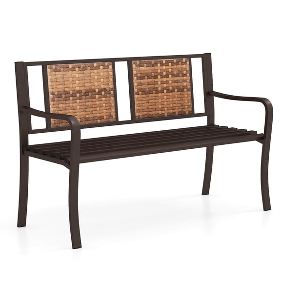 Costway 51" Patio Metal Bench for 2-3 with Rattan Backrest & Curved Armrests for Backyard