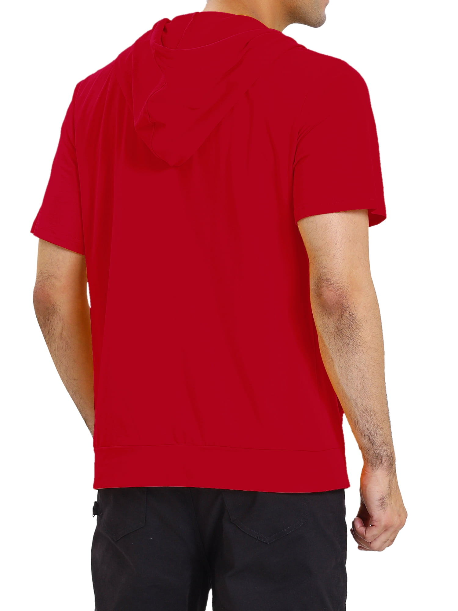 Unique Bargains Men's Short Sleeve Solid Color Zip Up Sport Hoodies 2XL Red