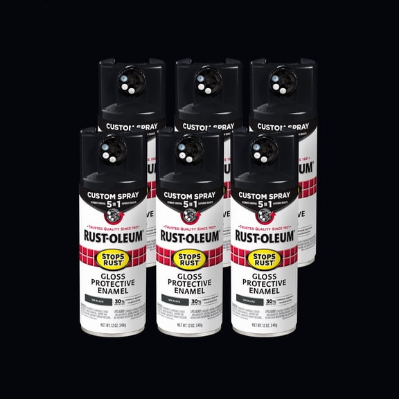 6 Pack, Ink Black, Rust-Oleum Stops Rust Custom Spray 5 in 1 Gloss Spray Paint-380397, 12 oz
