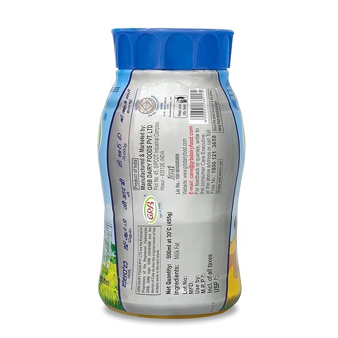 GRB Cow Ghee – Pure Desi Ghee with Rich Aroma & Granular Texture | 100% Cow’s Milk | No Preservatives | ISO 22000 Certified | GMP & HACCP Compliant | Made in India – 500ml