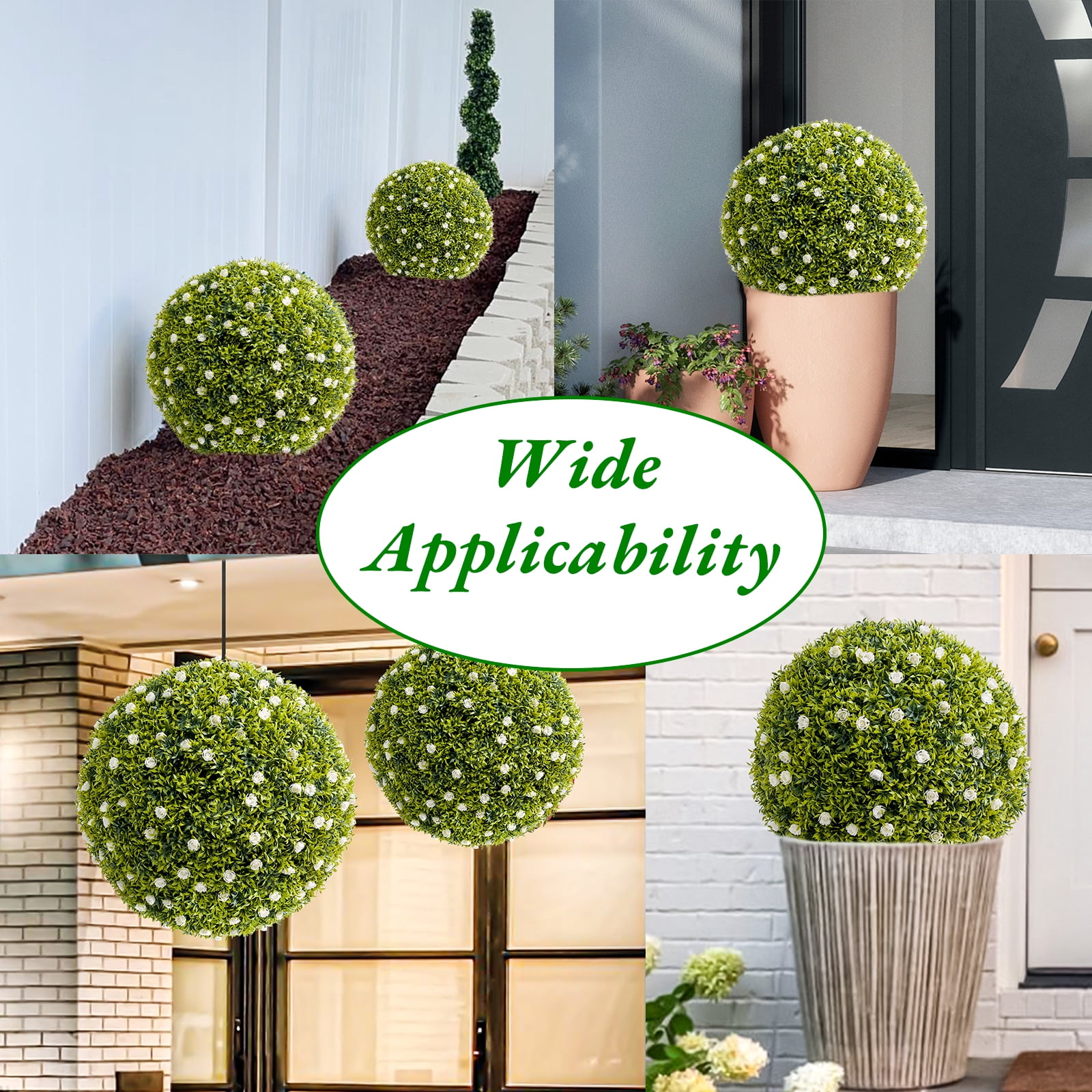 Tzou 2Pcs Artificial Boxwood Topiary Ball with Flowers, 16.5" Faux Hanging Greenery Ball for Outdoor Planters, Porch, Balcony, Home Decor