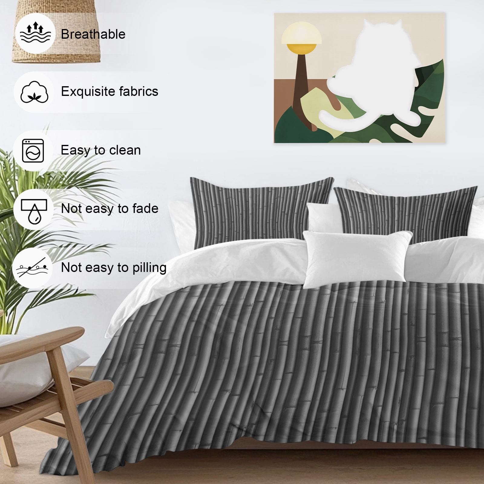Black Bamboos 4 Piece Duvet Cover Set Queen Size Natural Vintage Bamboos Tree Plant Image Soft Bedding Set Comforter Cover, 1 Duvet Cover 1 Flat Sheets and 2 Pillowcases