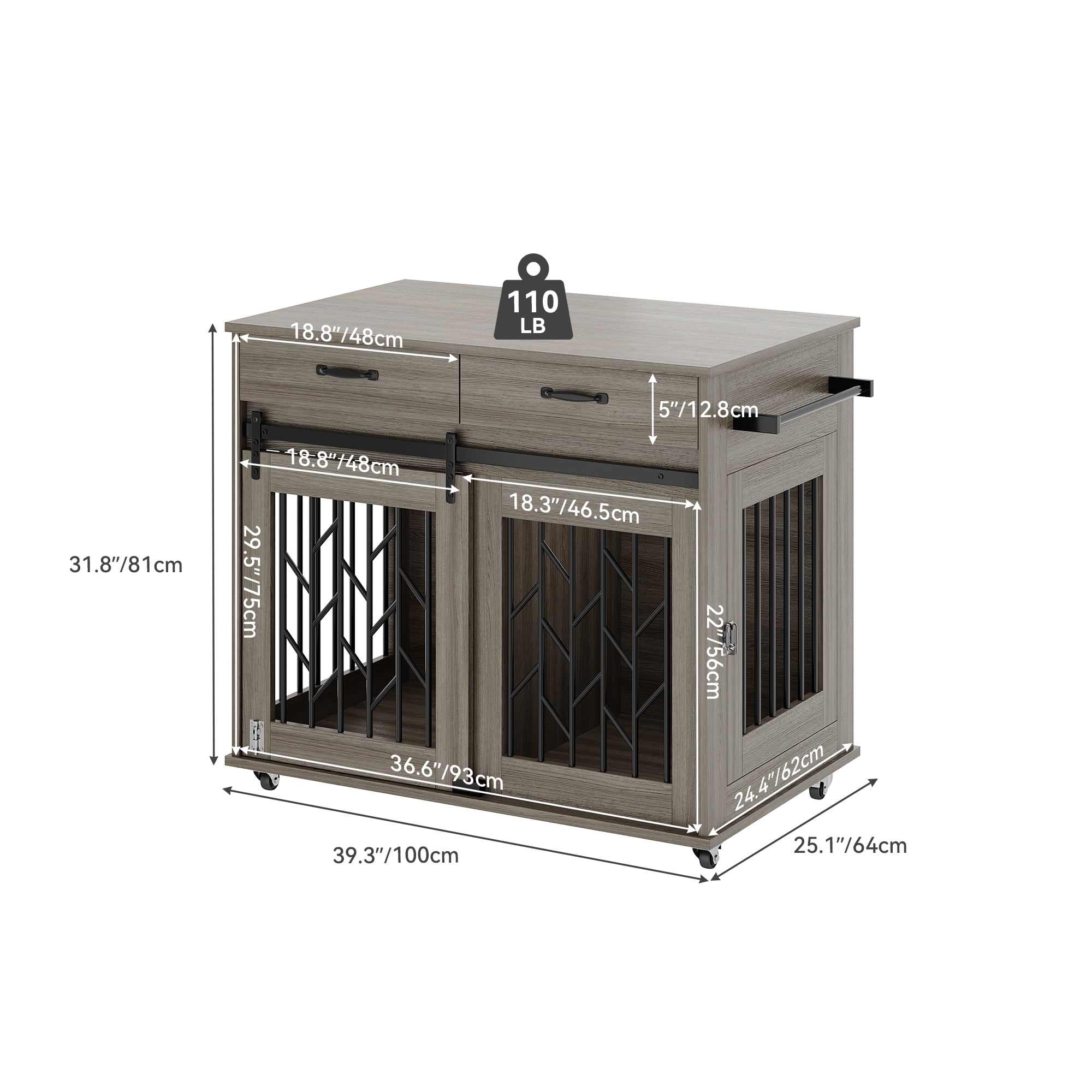 Uforic Grey 39 Inch Indoor Dog Crate Furniture End Table with Drawer & Wheels