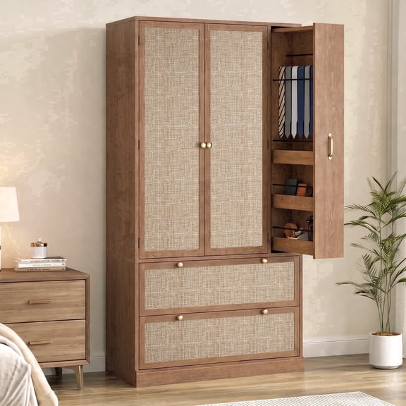 PIXOURA 71" Tall Rattan Wooden Armoire Wardrobe Closet with Pull-Out Side Storage, Boho Closet Wardrobe Cabinet with 2 Drawers & Hanging Rod,Brown