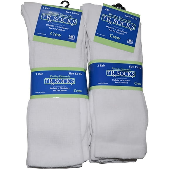 Diabetic Socks 6 Pairs Mens Non-Binding Crew Length White, Size 13-16