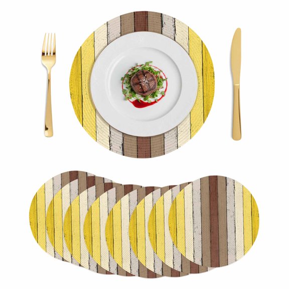 Yellow Brown Round 15 Inch Placemats Set of 8, Farmhouse Wood Grain Vintage Striped HeatResistant Non Slip Place Mats for Dining Table, Wipeable Braided Kitchen Table Mats for Housewarming