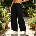 thumbnail image 5 of Women's Cotton Linen Wide Leg Pants with Pockets, High Waisted Elastic Waist, Loose Fit Trousers for Summer Casual Commuting, Womens Pants | UKHCCC,Black L, 5 of 9