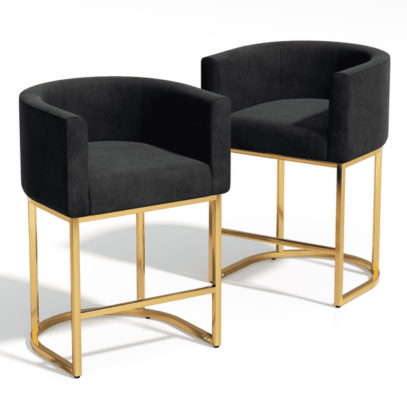 OSM Upholstered Barrel Bar Stools Set of 2, 23.5 Inch Counter Height Kitchen Island Chairs with Gold Metal Frame, Modern Dining Room and Home Bar Seating, Black