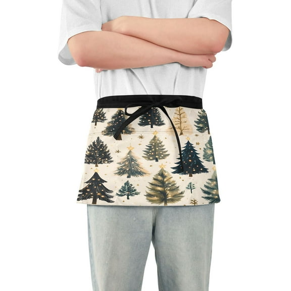 Yayeee Waist Apron with Pockets for Cooking Waterproof Half Server Aprons, Beige Christmas Trees