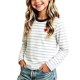 thumbnail image 3 of Kids Striped Long Sleeve Tee Crew Neck Soft Pullover, Boys Girls Heart Embroidery Relaxed Fit Shirt for Fall Casual School Daily Wear 5-6Y, 3 of 9