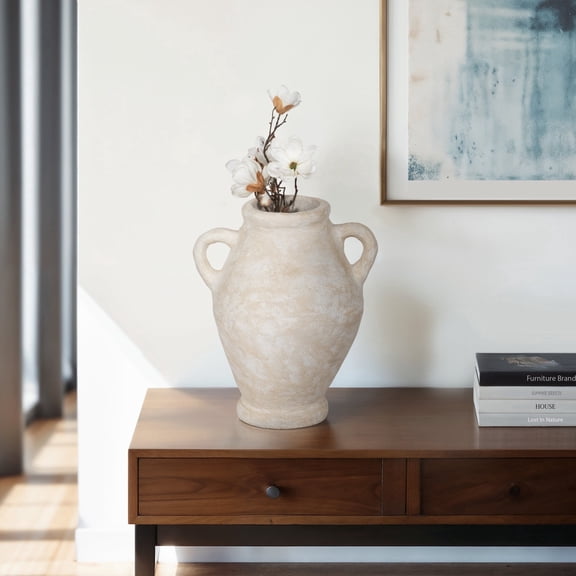 Pottery Paper Mache Vase - Rustic Decorative Home Accent, Handcrafted Amphora-Style with Handles for Living Room, Office, Bedroom & Entryway - Elegant Boho Chic Tabletop Centerpiece - 24" White
