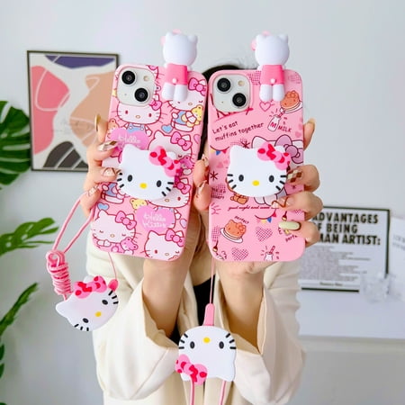 For Samsung Galaxy S7 Edge S8 S9 S10 S20 S21 S22 S23 Plus Ultra S21FE Note 9 10 20 Hello Kitty Phone Case With Holder Rope
