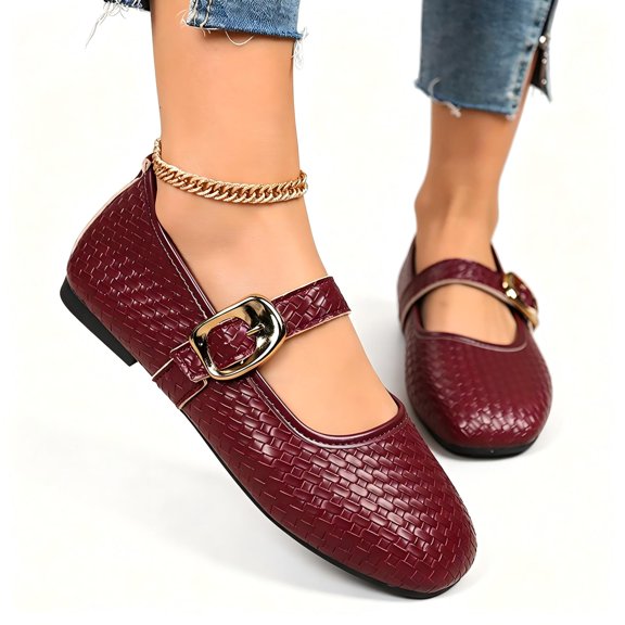 Gpaecead Women's Woven Mary Jane Flats Pointed Closed Toe Oversized Buckle Cushioned Non Slip Shoes For Work Casual, Burgundy