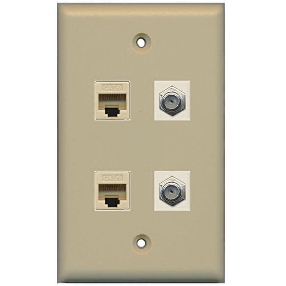 RiteAV - 2 Port Coax Cable TV- F-Type 2 Port Cat6 Ethernet Wall Plate - Ivory