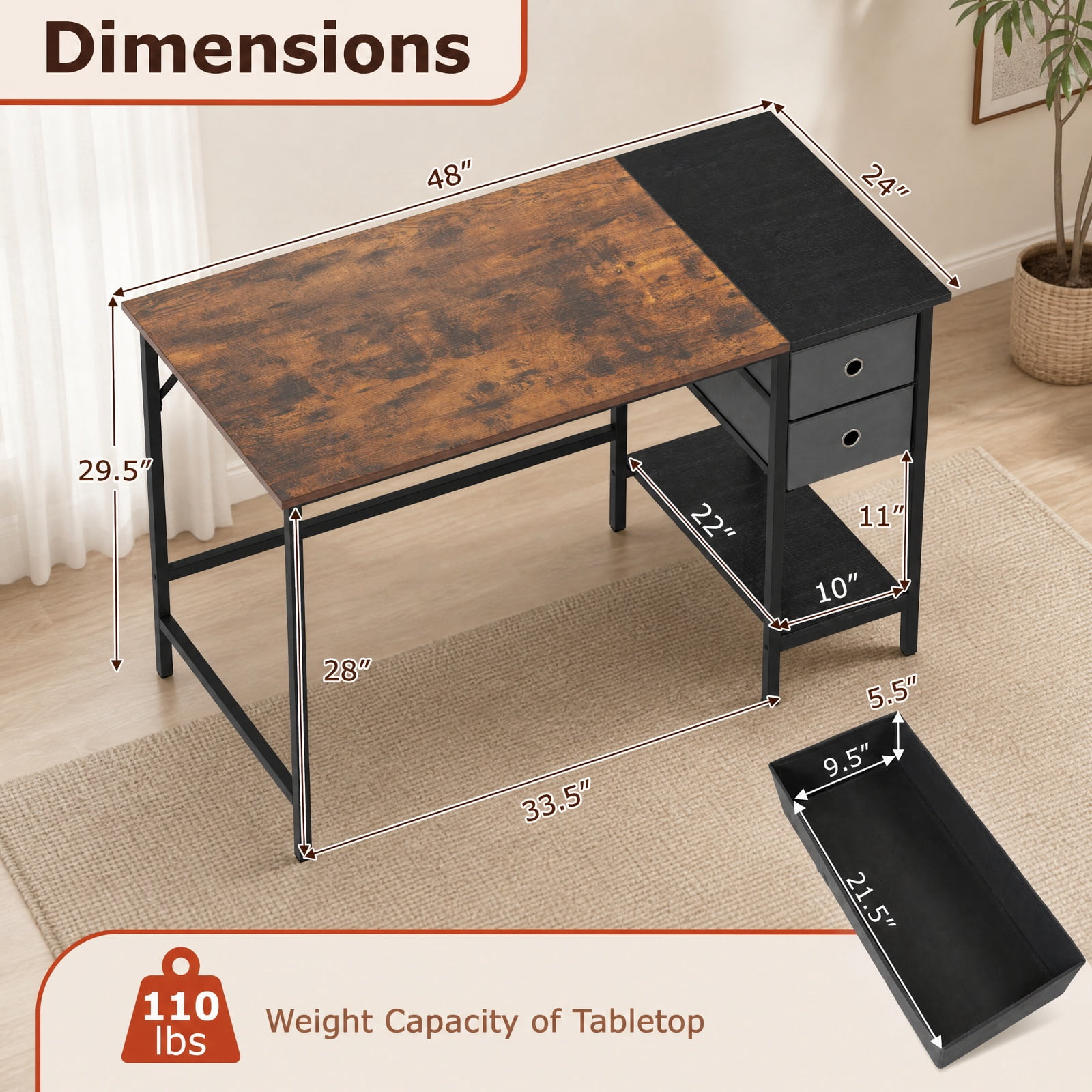 Furnibear 48 Inch Computer Desk with 2 Fabric Drawers Industrial Home Office Desk for Home Office Study Computer Writing Workstation, Rustic Brown