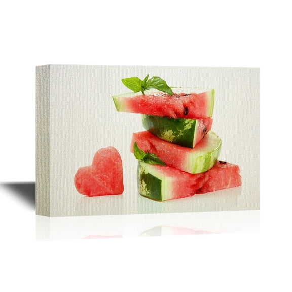 wall26 - Canvas Wall Art - Heart Shaped Watermelon Slice and Pile of Slices - Gallery Wrap Modern Home Art | Ready to Hang - 24x36 inches