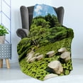 thumbnail image 4 of Peace Soft Flannel Fleece Throw Blanket, Stone Path in Japanese Garden Lake with Lotus Leaves Nature Scenery, Cozy Plush for Indoor and Outdoor Use, 70" x 90", Lime Green Sky Blue, by Ambesonne, 4 of 5