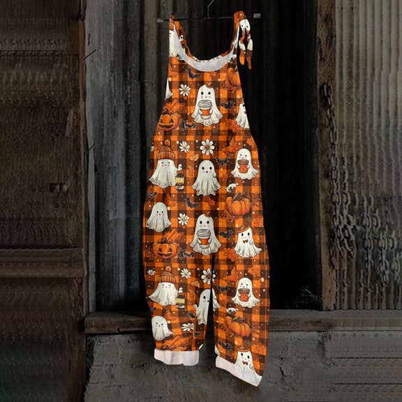Stralyhd All Hallows Eve Casual Rompers Halloween Holiday Scoop Neck Jumpsuit Party Jumpsuits with Pockets Spooky Horror Print Wide Leg Trousers Saffron 2XL