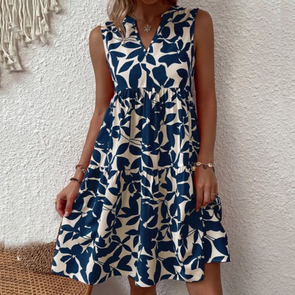 Women's V-Neck Tiered Boho Mini Dress – Versatile Sleeveless Summer Swing Tunic in Sizes S-XL, Chic Floral Print Vacation Beach Wear for Women