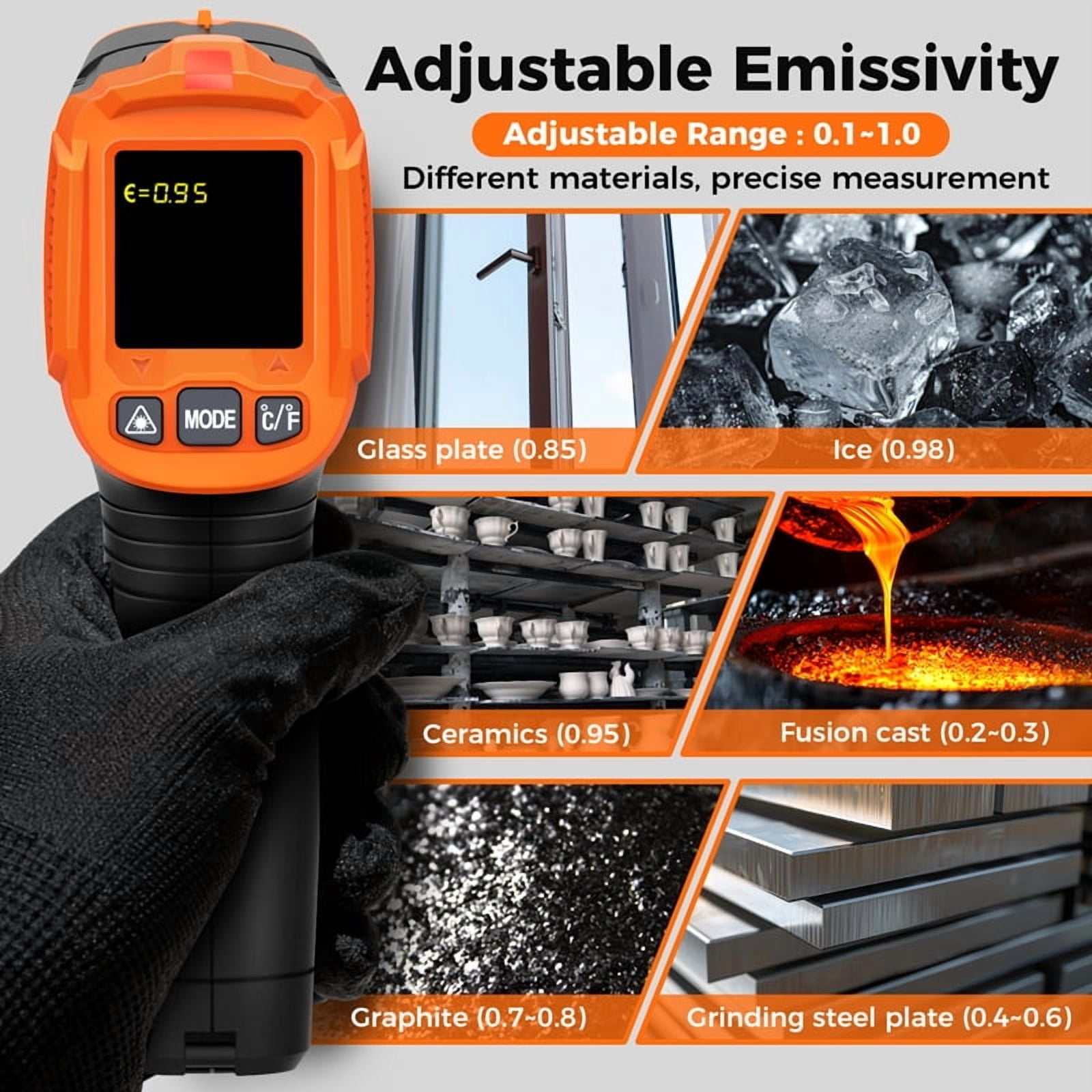 Smart Infrared Thermometer -50℃ to 380℃ Infrared Sensor Ambient Temperature Measurement Non-contact IR Thermometer High/Low Alarm