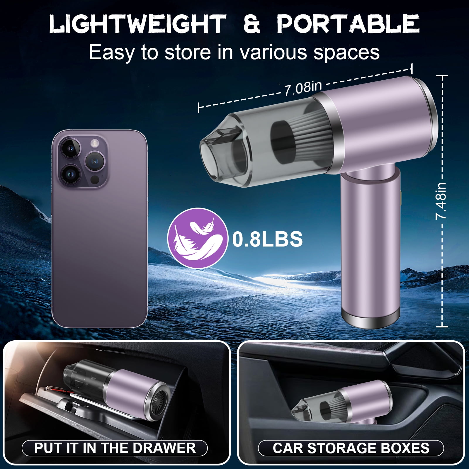Pentantan Cordless Handheld Vacuum Cleaner, 12000PA Powerful Sutions Car Vacuum, 2 Adjustable Speeds Lightweight Mini Vacuum for Car, Keyboard, Purple