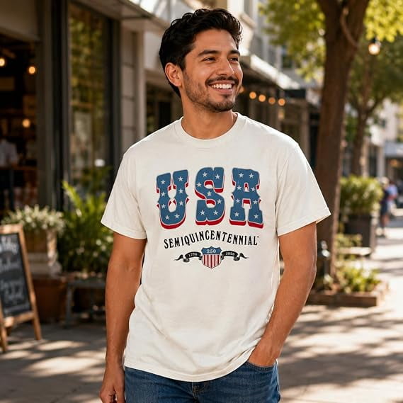 USA Semiquincentennial 250th Anniversary 1776–2026 Shield Graphic T-Shirt, Patriotic Independence Celebration Tee, Unisex Adult Natural, XXXL