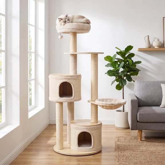 Dreischwarz 60-in Wooden Cat Tree with 2 Cat Condos, Sisal Scratching Posts and Cozy Basket, Natural