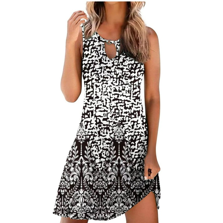 pimelu Sundresses for Women Casual Summer - Beach Dresses for Women Casual Summer Sleeveless Knee Length Midi Dress Boho Floral Strappy Halter Neck