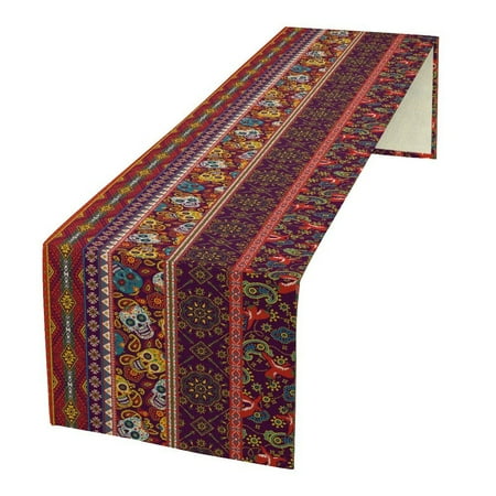 

Mexican Style Skull Table Runner Aztec Geometric Traditional Fabric Patchwork Abstract Print Decorative Tabletop Kitchen Decor for Dining Room 13x60 Inch C49