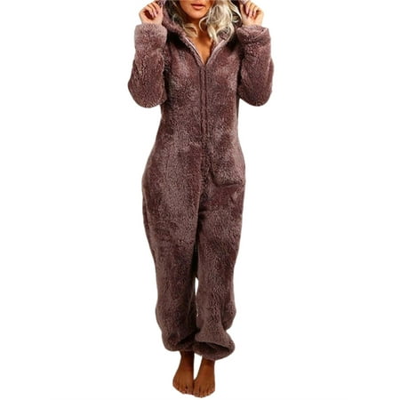 

Mubineo Women Thick Plush Sleeping Romper with Bear Ear Hat Long Sleeve Zipper Hooded Jumpsuit for Autumn Winter