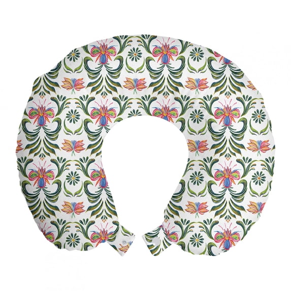Abstract Travel Pillow Neck Rest, Illustration of Repeating Ivy Botany Ukrainian Folk Style Motifs on Plain Backdrop, Memory Foam Traveling Accessory Airplane and Car, 12", Multicolor, by Ambesonne