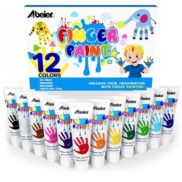 Pintura para dedos ABEIER, lavable para niños pequeños, 12 colores, 36 ml