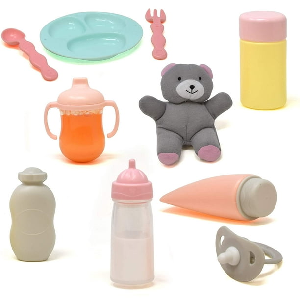 Sac à langer pour poupée avec accessoires, kit de soins pour poupée  comprenant une bouteille de lait magique, une bouteille de jus, des  couches, une assiette d'alimentation, une tétine, un ours en