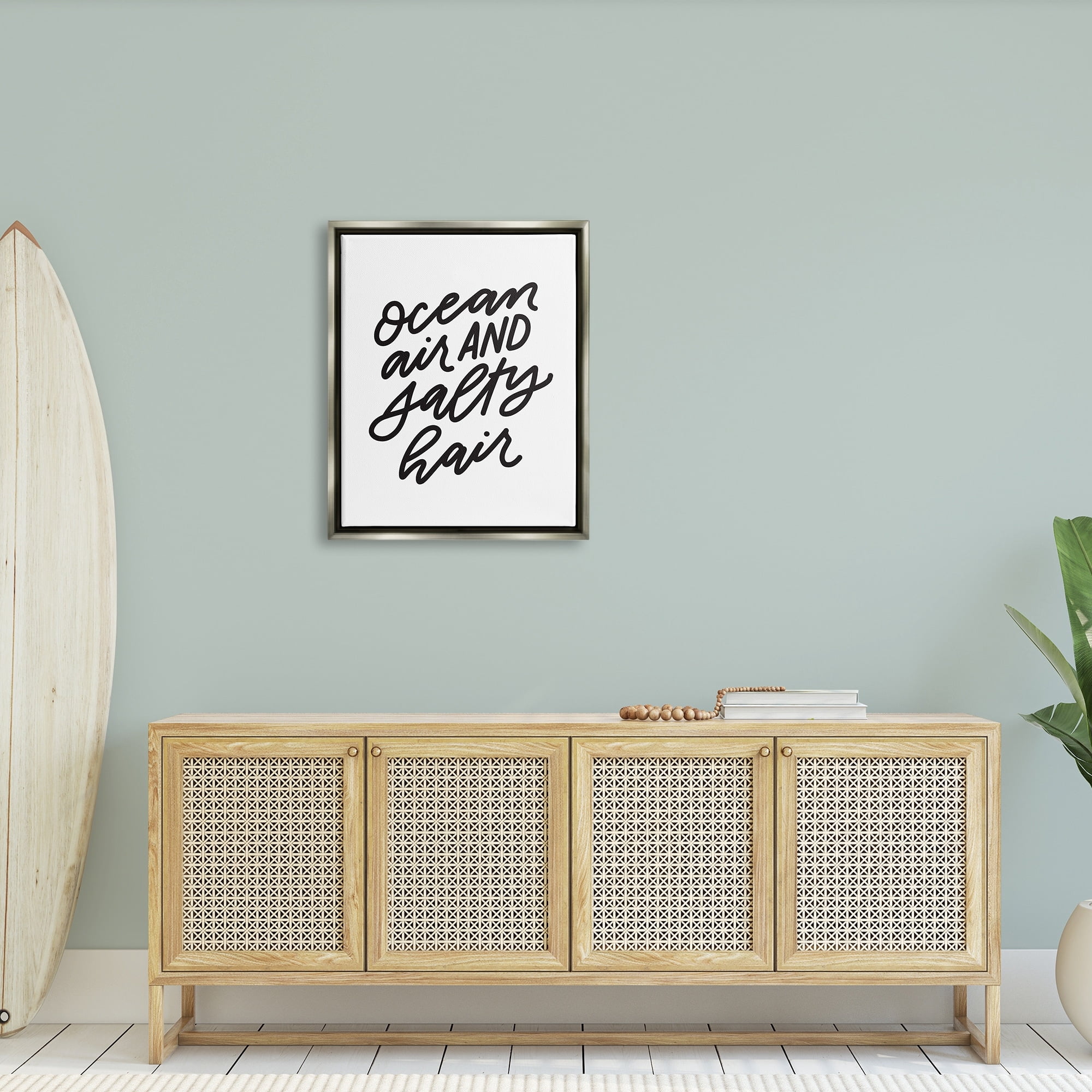 Stupell Industries Ocean Air Salty Hair Beach Lover Calligraphy Graphic Art Luster Gray Floating Framed Canvas Print Wall Art, Design by Leah Bisch