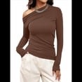 thumbnail image 3 of Blusas de Mujer con Hombros Descubiertos, Elegantes, de Larga, Asimétricas, Ajustadas, para Salir, de Otoño, con Frunces. Café L, 3 of 8