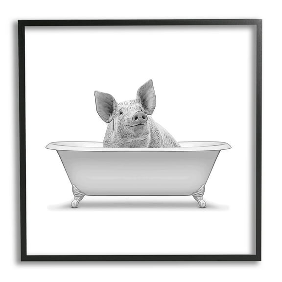 Stupell Industries Smiling Farm Pig Bathroom Tub Graphic Art Black Framed Art Print Wall Art, Design by Annalisa Latella