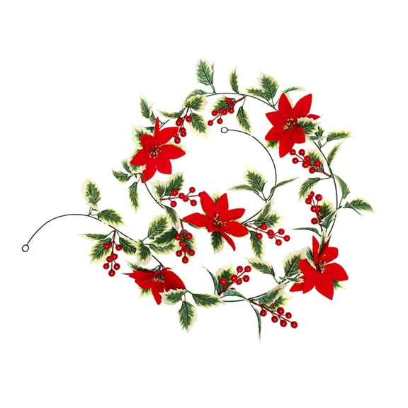 Luoshdecor Christmas Poinsettias Garland ,78.7 in Artificial Holly Red Berry Poinsettias Flowers Garlands for Xmas Tree Fireplace Indoor Home Decor