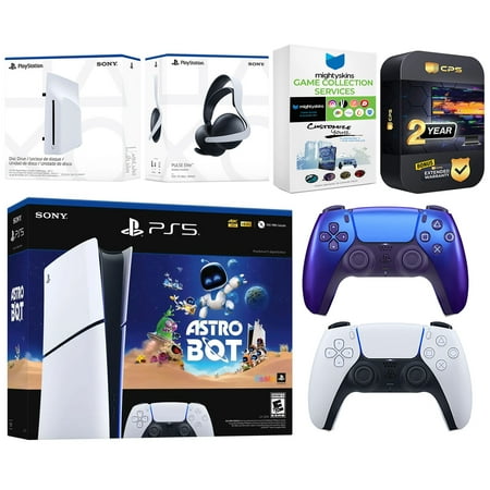 Sony PlayStation 5 Slim Digital Astro Bot Bundle with Disc Drive, Extra Controller, MightySkins Voucher and 2 Year Extended Warranty - Chroma Indigo