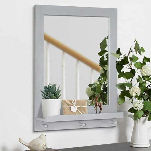 Rustic Wall Mirror with Shelf Farmhouse Mirrors Round Hanging Stonebriar Wall Mirrors for Bathroom, Vanity, Bedroom, Entryway, Living Room Front Door Wood Frame Mirror (26.7x20.4in Grey)