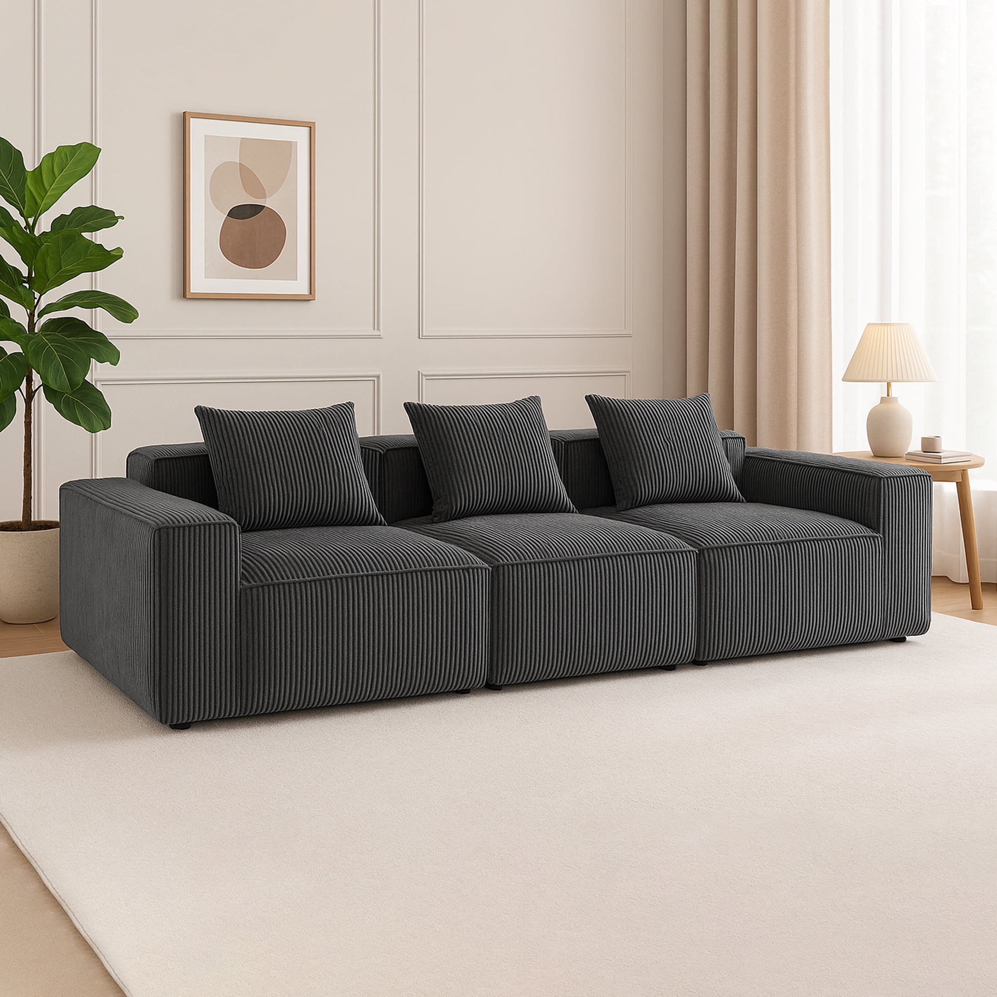 Demi Bonn 111" Modular Sectional Sofa Couchesk, Corduroy 3 Seat Couch Memory Foam Couches for Living Room, Cloud Couch, Gray