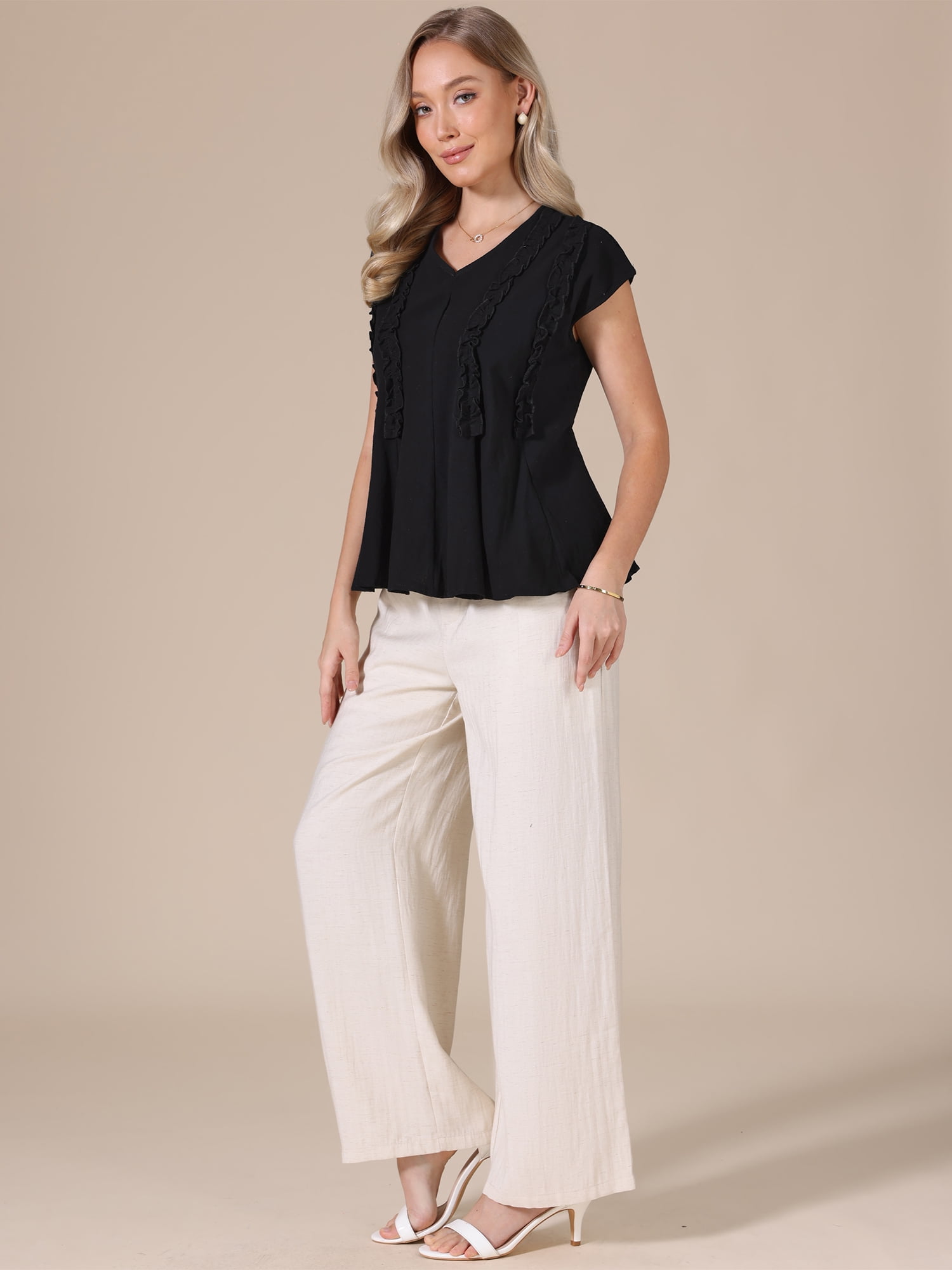DARING DIVA Women's Peplum Tops Short Sleeve V Neck Blouse Cotton Loose Tie Back M Black